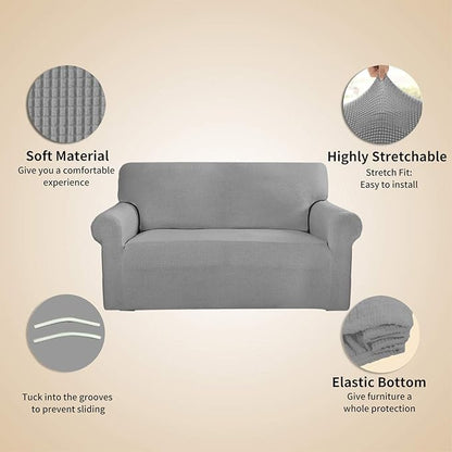 Easy-Going Stretch 4 Seater Sofa Slipcover 1-Piece Sofa Cover Furniture Protector Couch Soft with Elastic Bottom for Kids, Polyester Spandex Jacquard Fabric Small Checks Light Gray