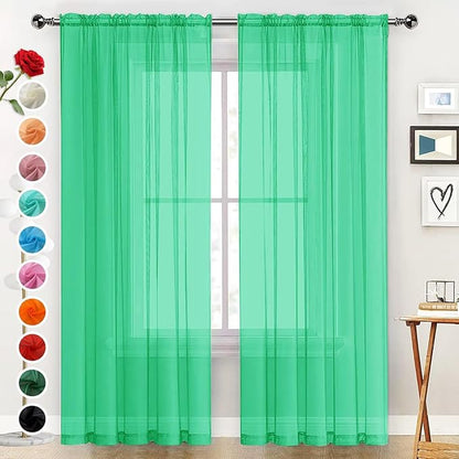 SpaceDresser Basic Rod Pocket Sheer Voile Window Curtain Panels Grass Green 1 Pair 2 Panels 52 Width 108 Inch Long for Kitchen Bedroom Children Living Room Yard（Grass Green, 52W x 108L）