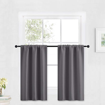 RYB HOME Blackout Cafe Curtains 30 inch Length, Short Light UV Heat Blocking Energy Saving Privacy Curtain Tiers for Basement Bathroom Kitchen Window, Width 29 by Length 30, Grey, 2 Panels