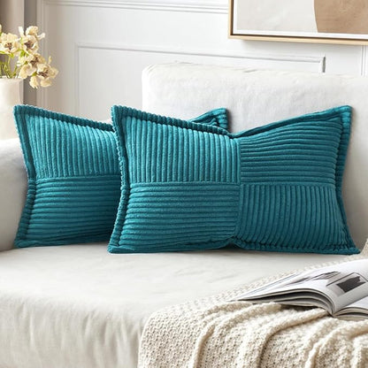MIULEE Decorative Lumbar Throw Pillow Covers for Couch Bed Livingroom 12x20 Inch Set of 2 Teal Blue Boho Accent Throw Pllows Broadside Striped Patchwork Soft Corduroy Summer Coastal Pillowcases