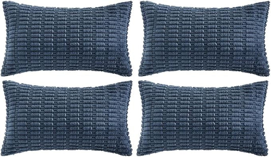 Fancy Homi 4 Packs Dusty Blue Decorative Throw Pillow Covers 14x24 Inch for Living Room Couch Bed Sofa, Rustic Farmhouse Boho Home Decor, Soft Plush Striped Corduroy Square Cushion Case 35x60 cm