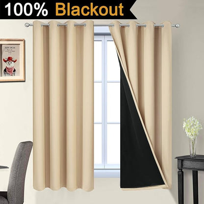 Yakamok Home Decor Thermal Insulated Full Blackout Drapes, 2-Layer Lined 100% Blackout Curtains with Black Liners, Energy Efficiency Window Draperies for Bedroom(52Wx63L, Beige, 2 Panels)