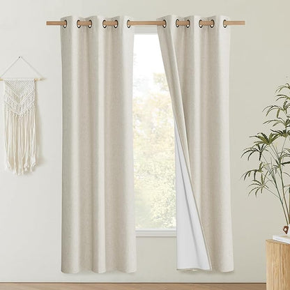 NICETOWN Natural Bedroom Full Blackout Linen Curtain Panels Set of 2, 42" by 72", Thick Insulated Classic Grommet Blackout Draperies with White Thermal Insulated Liner for Windows