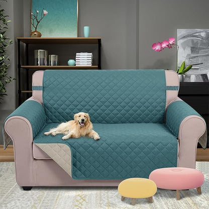 U-NICE HOME Loveseat Sofa Cover Reversible Couch Covers for 2 Cushion Couch for Dogs Furniture Protector Cover with Elastic Straps Water Resistant(Loveseat Small, Blue/Beige)