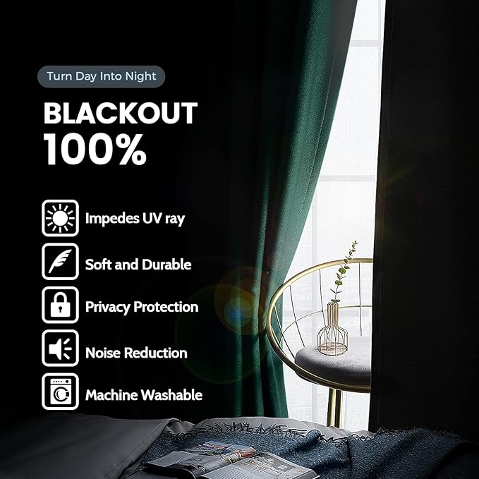 SimpleHome 100% Blackout Curtains for Bedroom,Thermal Insulated Grommet Window Drapes Room Darkening Dark Green Curtains for Living Room with Black Back,42 x 84 Inch,2 Panels