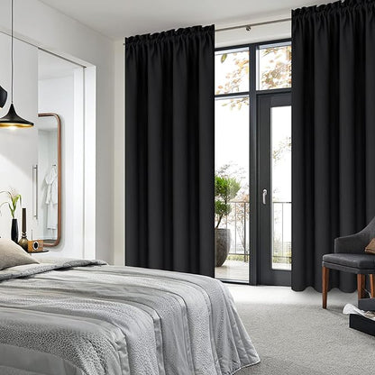 DWCN Black Blackout Curtains for Bedroom –Rod Pocket Thermal Insulated Room Darkening Drapes for Living Room, W 42 x L 54 Inch, 2 Panels