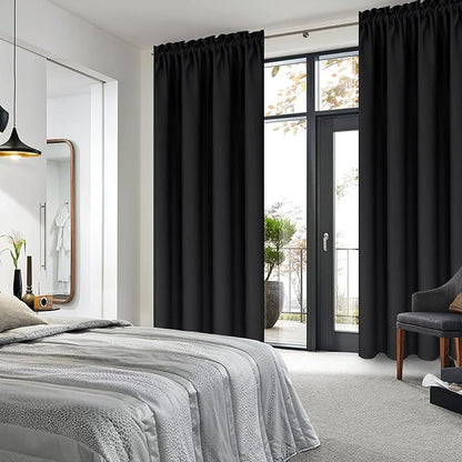 DWCN Blackout Curtains for Bedroom - Thermal Insulated Privacy Energy Saving Rod Pocket Drapes for Living Room, W 38 x L 63 Inch, Black, Set of 2