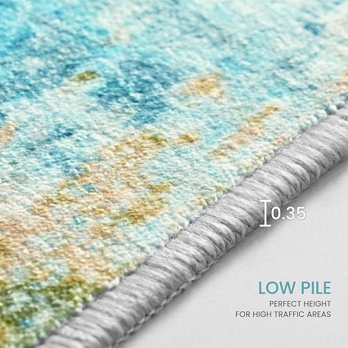 Ompaa Living Room Rug 5x7 Teal Blue Area Rug Machine Washable Boho Rug Non Slip Abstract Vintage Indoor Large Rugs for Bedroom, Classroom, College Dorm, Farmhouse, Dining Room, Kids Playroom