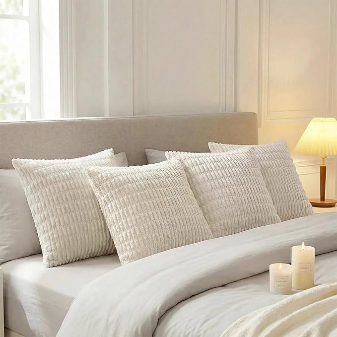 Fancy Homi 4 Packs Boho Cream Decorative Throw Pillow Covers 24x24 Inch for Living Room Couch Bed Sofa, Rustic Modern Farmhouse Home Decor, Soft Plush Corduroy Beige Cute Square Cushion Case 60x60 cm