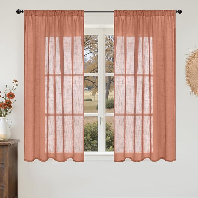 BGment Terracotta Linen Curtains 54 Inch Length for Short Living Room, Semi Sheer Burnt Orange Drapes Boho Rustic for Bedroom Decor with Rod Pocket Lightweight, 2 Panels Set, Each 42 Inch Wide