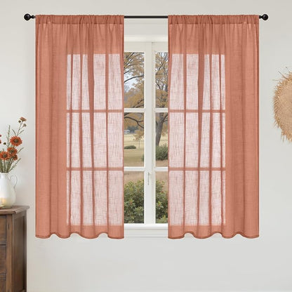 BGment Rust Terracotta Linen Curtains 45 Inch Length, Burnt Orange Semi Sheer Drapes for Bathroom Short Living Room Windows Lightweight with Rod Pocket, 2 Panels Set, Each 42 Inch Wide