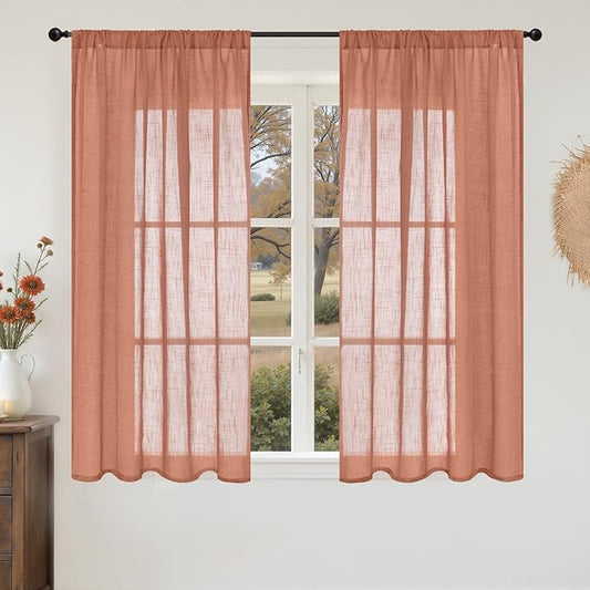 BGment Terracotta Short Linen Curtains 48 Inch Length, Burnt Orange Light Filtering Drapes Semi Sheer with Rod Pocket Rustic for Small Living Room Bedroom Lightweight, 2 Panels Set, Each 42 Inch Wide