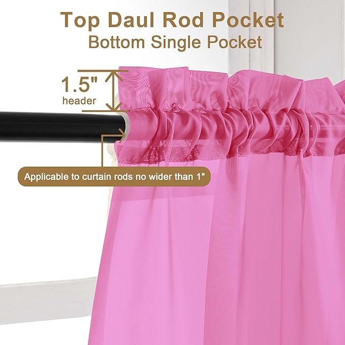 Chyhomenyc Hot Pink Sheer Curtains 30 inch Length 2 Panels, Light Filtering Voile Rod Pocket Short Window Curtians for Bathroom Living Room Farmhouse Small Windows, 42Wx30L inches