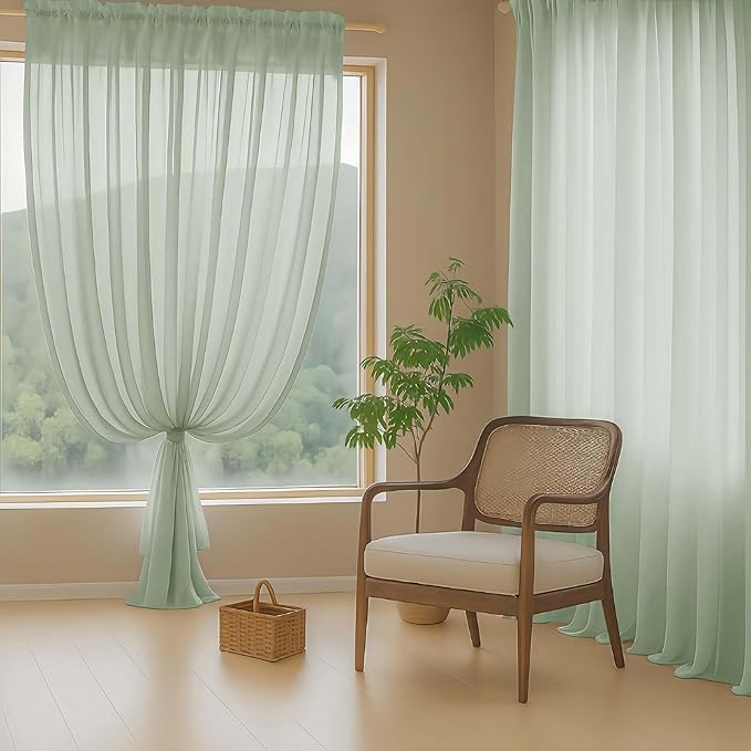 Extra Wide Sage Green Sheer Curtains 90 Inches Long 2 Panels, Light Filtering Lightweight Solid Sheer Curtains for Living Room, Window Voile Sheer Drapes, Dual Rod Pocket, 2x59Wx90L Inches