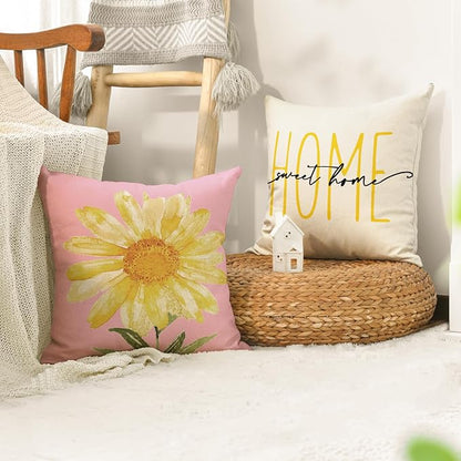 AVOIN colorlife Home Sweet Home Spring Summer Flowers Pink Throw Pillow Covers, 18 x 18 Inch White Cushion Case for Sofa Couch Set of 4
