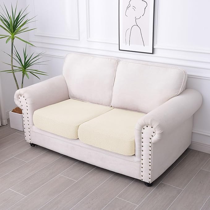 hyha Waterproof Couch Cushion Covers for Pets, Non Slip Sofa Seat Cover for Dogs Washable, Soft Thick Stretch Jacquard Fabric, Sofa Slipcovers with Elastic Bottom (2 Pieces, Light Beige)