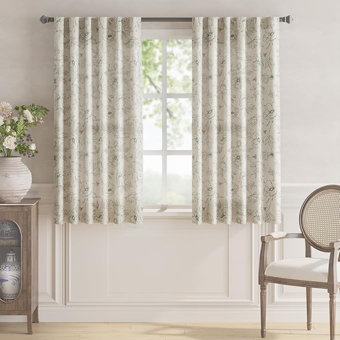 jinchan Floral Linen Curtains for Living Room 63 Inch Length Green Flower Curtain Rod Pocket Back Tab Farmhouse Curtains with Printed Floral Bedroom Window Curtain Set, 2 Panels Green