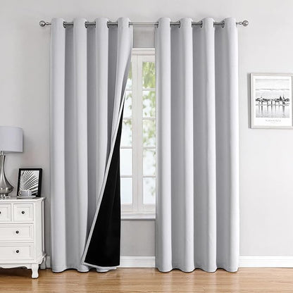 ChrisDowa 100% Blackout Curtains 80 inch Long for Bedroom with Black Liner, 2 Thick Layers Total Blackout Thermal Insulated Grommet Window Curtains 2 Panels Set (Greyish White, 52 x 80 Inch)