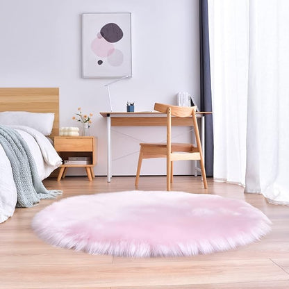duduta Pink Faux Sheepskin Round Rug 4x4 ft, Fluffy Shag Fur Bedroom Nursery Girls Playroom Rug Dorm Decor Non Slip Washable