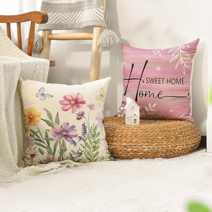 AVOIN colorlife Spring Saying Flowers Butterfly Pink Throw Pillow Covers, 18 x 18 Inch Home Sweet Home Cushion Case for Sofa Couch Set of 4