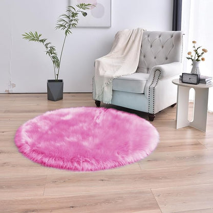 duduta Hot Pink Faux Sheepskin Round Rug 4x4 ft, Fluffy Shag Girls Bedroom Nursery Dorm Circle Rug Non Slip Washable