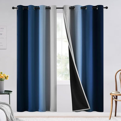SimpleHome Blue Ombre 100% Blackout Curtains for Bedroom 72 Inches Long, Room Darkening Thermal Insulated Grommet Curtains for Living Room, 2 Panels, 52x72 inches Length