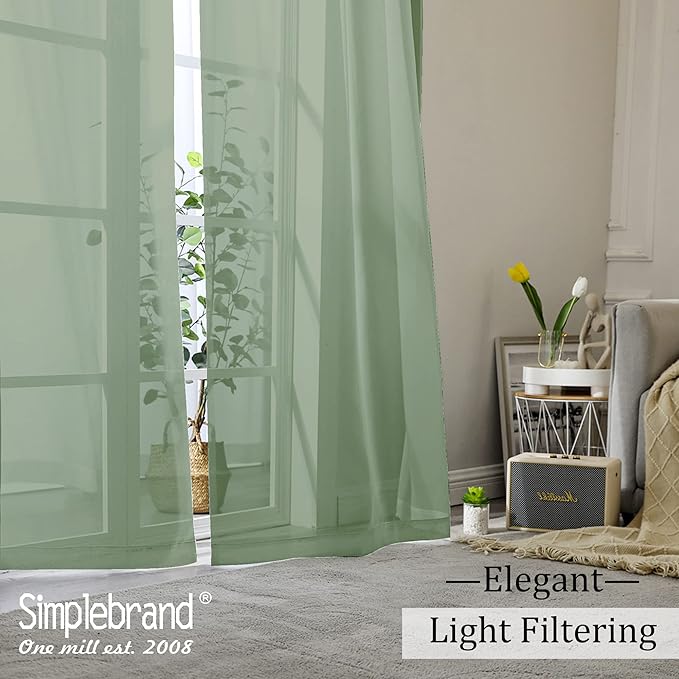 Simplebrand Sage Sheer Curtains 96 Inches Long, Light Filtering Rod Pocket Solid Color Window Sheer Curtain Panels, Elegant Curtains & Drapes for Living Room, Bedroom 2 Panels (Sage, 42" W x 96" L)