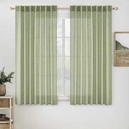 MIULEE Sage Green Linen Curtains 63 Inch Length 2 Panels for Bedroom Living Room, Soft Thick Linen Textured Kitchen Window Drapes Semi Sheer Light Filtering Back Tab Rod Pocket Burlap Look Decor