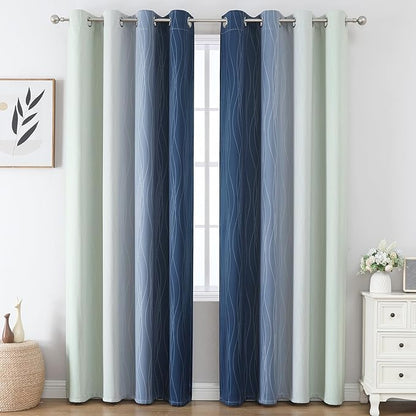 Estelar Textiler Ombre Blackout Curtains 102 Inches Long 2 Panels Set, Navy Blue and Sage Green Thermal Insulated Drapes for Bedroom, Full Room Darkening Grommet Curtains for Living Room, 52Wx102L