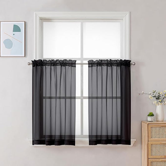 Chyhomenyc Black Sheer Curtains 30 inch Length 2 Panels, Light Filtering Voile Rod Pocket Short Window Curtians for Bathroom Living Room Farmhouse Small Windows, 42Wx30L inches
