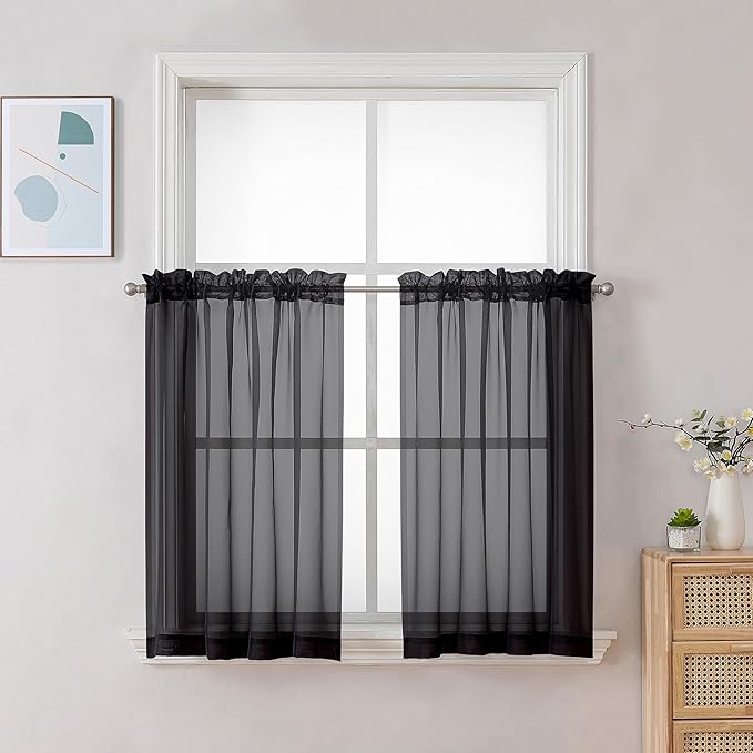 Chyhomenyc Black Sheer Tier Curtains 24 Inch Length, Small Window Curtains Treatment for Bathroom/Living Room/Cafe/Basement, Short Voile Curtain Tiers, 42W x 24L, Rod Pocket, 2 PCS