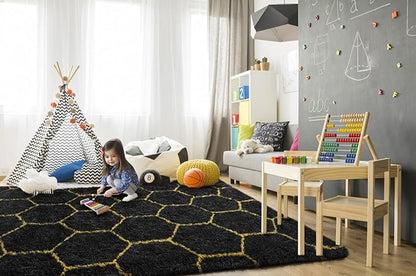 TWINNIS Super Soft Shaggy Rugs Fluffy Carpets, 4x5.9 Feet, Indoor Modern Plush Area Rugs for Living Room Bedroom Kids Room Nursery Home Decor, Upgrade Anti-Skid Rectangular Fuzzy Rug, Black Gold