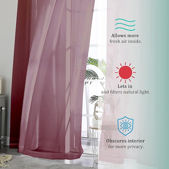OVZME Burgundy Sheer Curtains 84 inch Length 2 Panels Set, Light Filtering Sheer Privacy Curtain Drapes, Rod Pocket Window Treatments Voile Curtains for Living Room Bedroom, 42" W x 84" L