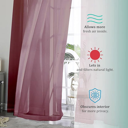 OVZME Burgundy Sheer Curtains 84 inch Length 2 Panels Set, Light Filtering Sheer Privacy Curtain Drapes, Rod Pocket Window Treatments Voile Curtains for Living Room Bedroom, 42" W x 84" L
