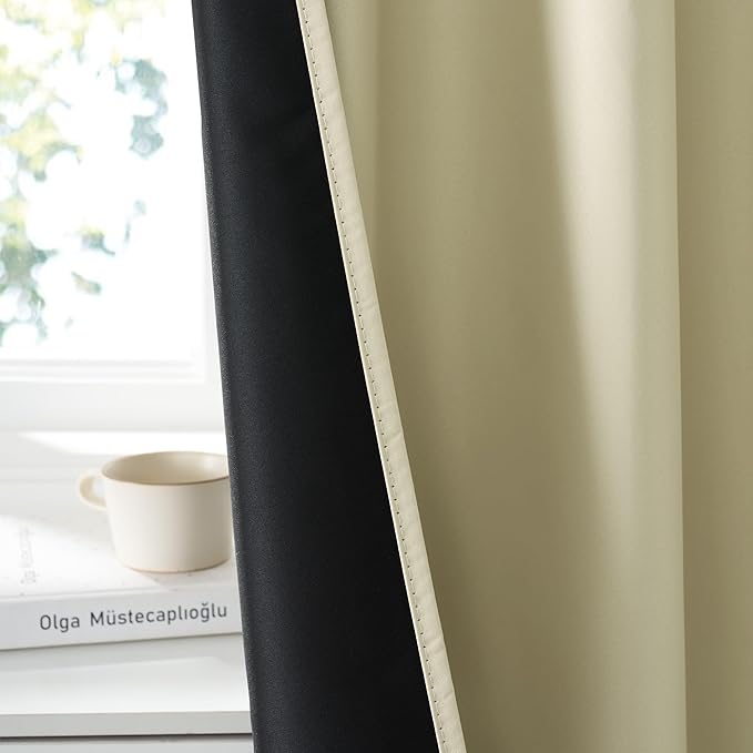 RYB HOME 100% Blackout Short Curtains for Small Window, Thermal Insulated Total Room Darkening Noise Reducing Curtains for Kitchen Bathroom Basement, 34 inches Wide by 45 inches Long, Beige