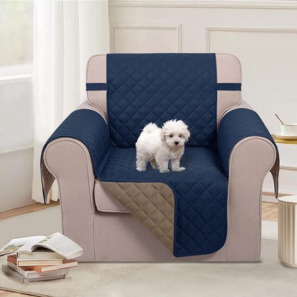 U-NICE HOME Reversible Oversized Chair Covers Quilted Water Repellent Pet Protectors with Elastic Straps (28''Armchair, Navy/Taupe)