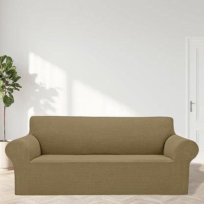 Cupuamon 2026 New Stretch Sofa Slipcovers Couch Cover for 3 Cushion Furniture Protector Sofa Covers with Elastic Bottom Jacquard Fabric Small Checks for Pets, Kids -Sofa, Tan