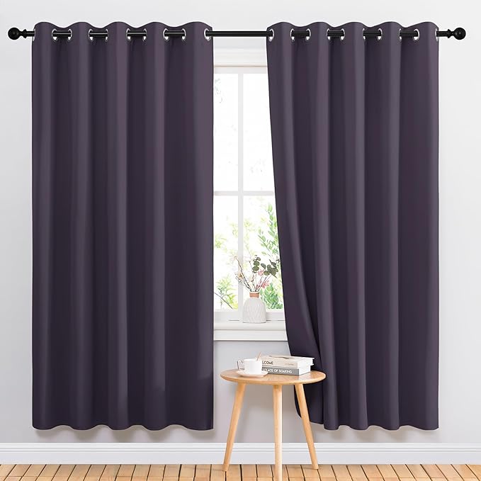 NICETOWN Bedroom Curtains Blackout Drapery Panels, 2 Panels, 70 x 72 inches, Greyish Purple, Three Pass Microfiber Thermal Insulated Solid Ring Top Blackout Window Curtains/Drapes