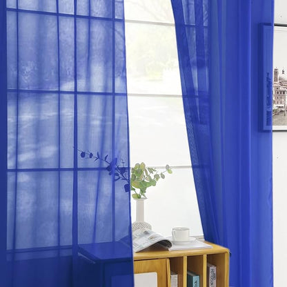 youleyar Solid Sheer Rod Pocket Curtain Voile Draperies 2 Panels White Beige Black Grey Coffee 52 Inch Width 45 Inch Long 1 Pair for Kitchen Bedroom Children Living Room Yard (Sapphire,52Wｘ45L)
