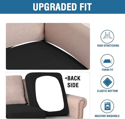 H.VERSAILTEX Super Stretch Individual Seat Cushion Covers Sofa Covers Couch Cushion Covers Slipcover Sets Thick Jacquard Textured Twill Fabric (2 Piece Medium Sofa Cushion Covers, Black)