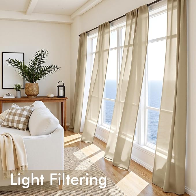 MIULEE Beige Sheer Curtains 90 Inches Long, 4 Panels Set, Rod Pocket Voile Drapes Light Filtering and Semi Transparent, Elegant Window Treatments for Bedroom Living Room,54 x 90 Inches