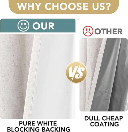 H.VERSAILTEX Linen Curtains 100% Blackout Curtains for Bedroom 90 inch Long Full Light Blocking Nature Linen Blended Window Curtains for Living Room Nickel Grommet (2 Panels, Ivory)