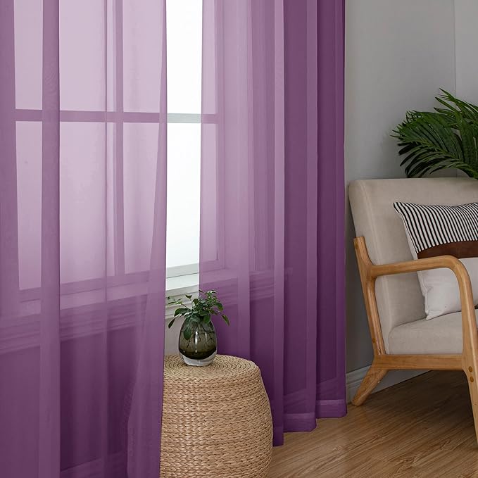 Simplebrand Plum Purple Sheer Curtains 84 Inches Long 2 Panels, Light Filtering Rod Pocket Solid Color Window Sheer Curtain Panels, Elegant Curtains & Drapes for Living Room, Bedroom, 42" W x 84" L