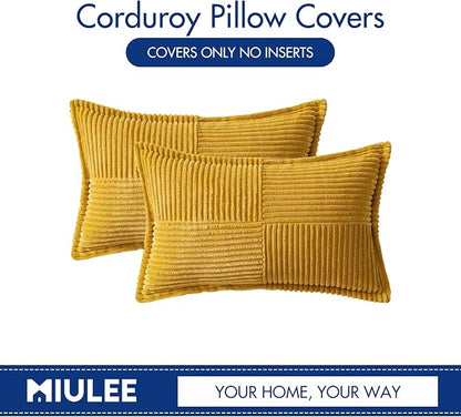 MIULEE Decorative Lumbar Throw Pillow Covers for Couch Bed Livingroom 12x20 Inch Set of 2 Fall Mustard Yellow Boho Accent Throw Pllows Broadside Striped Patchwork Soft Corduroy Pillowcases