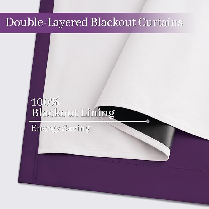 Yakamok Room Darkening 100% Blackout Curtains Grommet Window Treatments with 2 Thick Layers-Purple Thermal Insulated Drapes Set of 2 Panels for Bedroom Living Room 52 Inches by 63 Inches Length