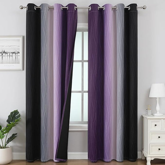 Estelar Textiler Purple and Black Ombre Blackout Curtains 108 Inch Length 2 Panels Set, Thermal Insulated Drapes for Bedroom,Full Room Darkening Grommet Gradient Curtains for Living Room,52Wx108L