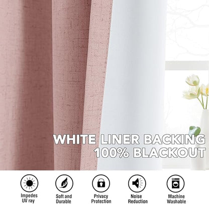 H.VERSAILTEX Linen Curtains 100% Blackout Curtains for Bedroom 108 inch Long Full Light Blocking Nature Linen Blended Window Curtains for Living Room Nickel Grommet (2 Panels, Heathered Baby Pink)