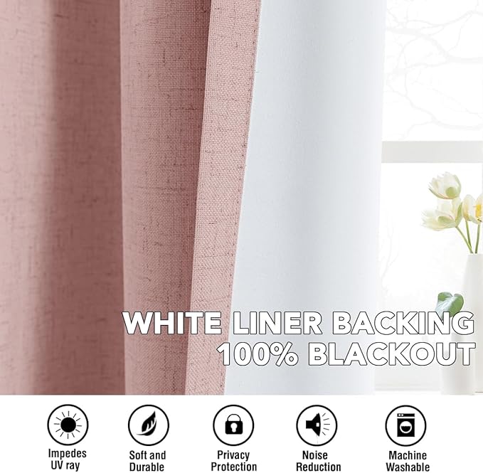 H.VERSAILTEX Linen Curtains 100% Blackout Curtains for Bedroom 45 inch Long Full Light Blocking Nature Linen Blended Window Curtains for Living Room Nickel Grommet (2 Panels, Heathered Baby Pink)