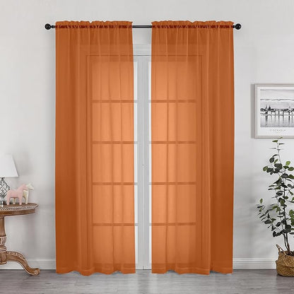 OWENIE Sheer Curtains 72 Inches Long 2 Panels Set, Light Filtering Sheer Curtain Rod Pocket Clear Drapes for Living Room Bedroom Window Sliding Door, Each 42 x 72 Inch, Orange