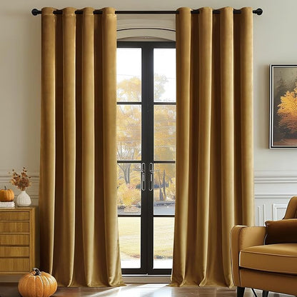 MIULEE 90 Inches Velvet Curtains Gold Elegant Grommet Curtains Fall Thermal Insulated Soundproof Room Darkening Curtains/Drapes for Classical Living Room Bedroom Decor 52 x 90 Inch Set of 2